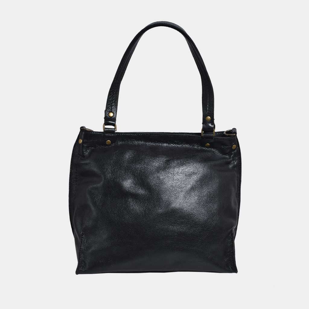 Onyx Black Metallic leather tote bag front view on a light gray background