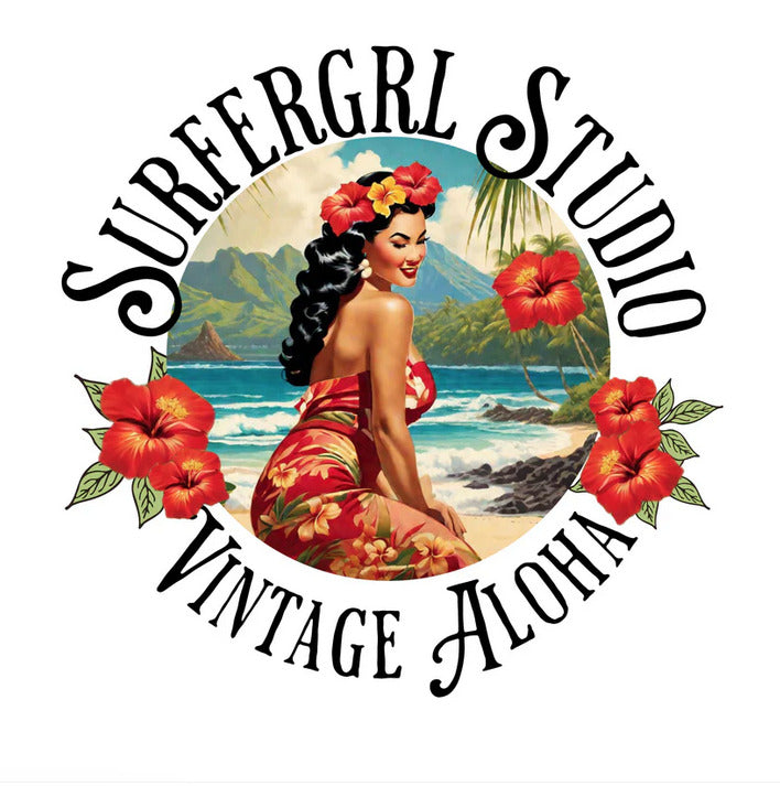 Logo of Surfergrl Studio with a vintage-style illustration of a woman on a beach.