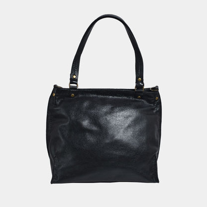 Onyx Black Metallic leather tote bag front view on a light gray background