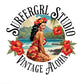 Logo of Surfergrl Studio with a vintage-style illustration of a woman on a beach.